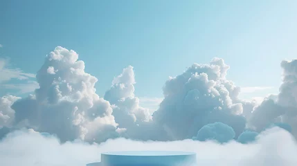 Foto op Plexiglas Cloud background, blue podium, 3D product, white sky showing abstract pastel scene. Geometric © Thanadon88