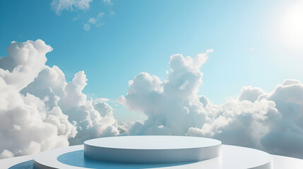 Cloud background, blue podium, 3D product, white sky showing abstract pastel scene. Geometric