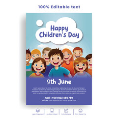Happy Children`s Day print ready flyer or poster template with editable text,  hand drawn 
kids flat illustration background kids party leaflet brochure cover design