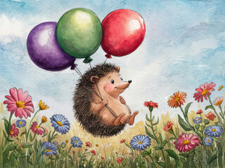 Hedgehog floating with balloons