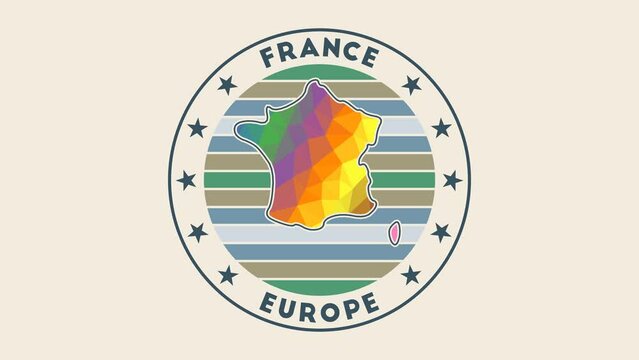 France intro video. Badge with the circular name and map of the country in low poly tech geometric style. Cool country round logo animation.