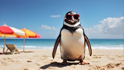 Concept of climate change including a sultry penguin on a bright beach on a hot day while donning sunglasses - obrazy, fototapety, plakaty