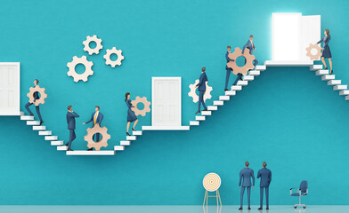 Business people working with gears and cogs. Business environment concept with stairs representing achievement, growth, success. 3D rendering