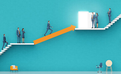 Business man taking a to make a move in career. Businessman walking on arrow.  Business environment concept with stairs representing achievement, growth, success. 3D rendering