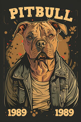 Fototapeta na wymiar A vector design for a sticker featuring a pitbull dog wearing a light brown jacket over a white t-shirt