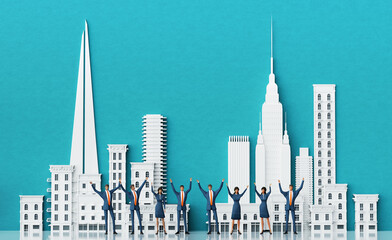 Business team with raised up hands  in the City celebrating success. background with beautiful city buildings and skyscrapers and copy space. 3D rendering 