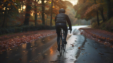 close up man riding a bicycle on a road in autumn - obrazy, fototapety, plakaty