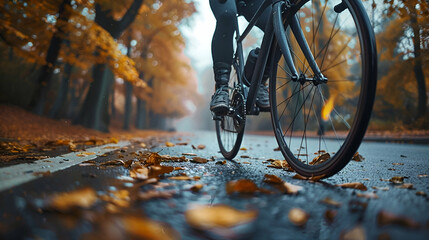 close up man riding a bicycle on a road in autumn