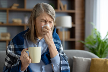 Elderly woman wrapped in a checkered blanket sneezes while holding a coffee mug, sitting...