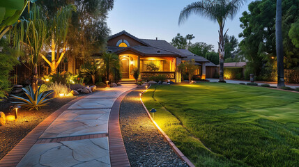 Suburban Home Garden Illuminated at Twilight with Lush Landscaping, AI Generation