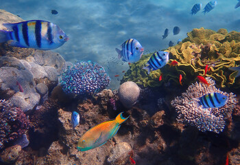 Tropical fish biodiversity in coral reef. Different species of colorful tropical fish swimming among coral reefs, blue sea background - obrazy, fototapety, plakaty