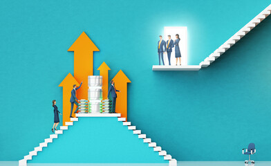 Business team introducing a new  computer system as a startup to investors. Business environment concept with stairs and open door representing achievement, growth, success. 3D rendering - 783251121