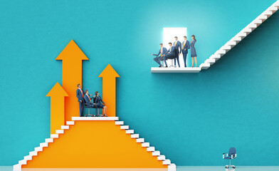 Business team introducing a new startup in finance to investors. Business environment concept with stairs and open door representing prospects, opportunity, achievement, success. 3D rendering
