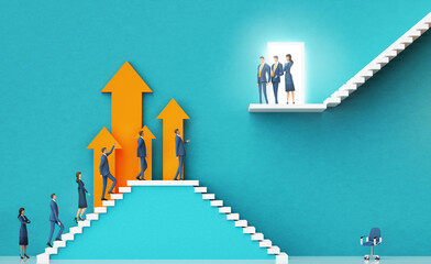 Business team introducing a new startup in finance to investors. Business environment concept with stairs and open door representing prospects, opportunity, achievement, success. 3D rendering - 783251146