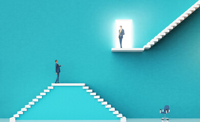 Businessman approaching for interview.  Business environment concept with stairs and open door. 3D rendering - 783251175