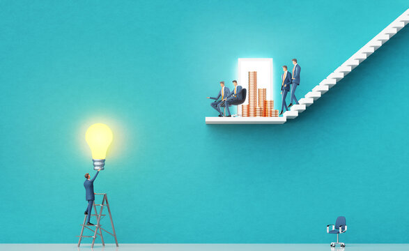 Businessman with light bulb is introducing a new startup idea to investors.  Business environment concept with stairs and open door. 3D rendering