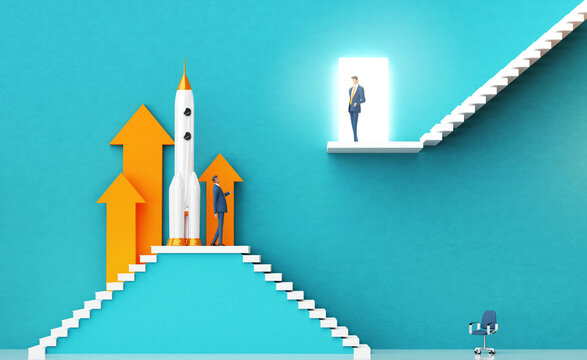 Businessman introducing a new startup idea to investors. Rocket as symbol of startup. Business environment concept with stairs and open door. 3D rendering