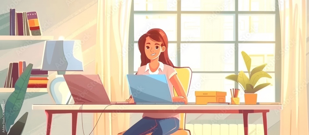 Canvas Prints The illustration depicts a female character seated at a table, working on a portable computer