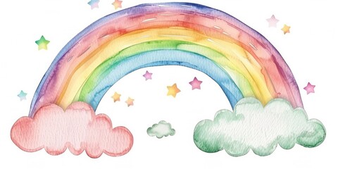 watercolor rainbow with clouds in isolated on white background