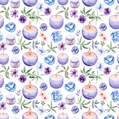 Fototapeta na wymiar Hand-made aromatic candles and flowers seamless pattern on white. Spa and aromatherapy. Ideal for packaging or branding, cosmetics, perfume, soap, candle making, label.
