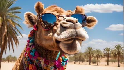 a happy camel wearing sunglasses on a sweltering summer day - obrazy, fototapety, plakaty