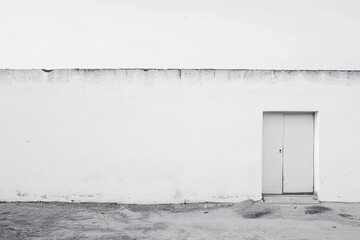 Monochrome image of a white wall with a single door and textured ground