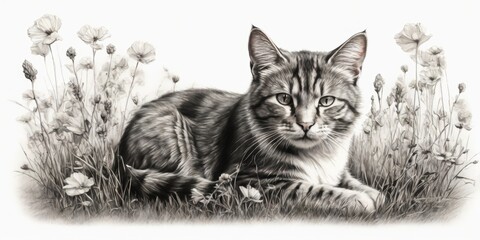 Black and white pencil painted cat on the field