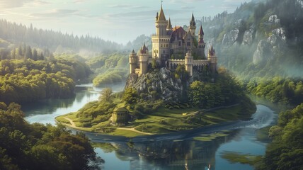Fairytale castle surrounded by greenery and river. - obrazy, fototapety, plakaty