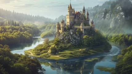 Fototapeten Fairytale castle surrounded by greenery and river. © Katty
