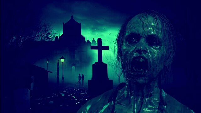 animation - Horrifying zombie against a spooky graveyard background