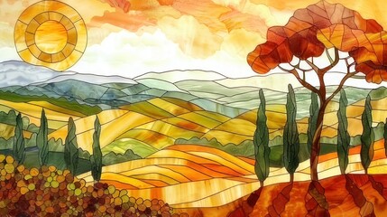 The natural beauty of Italy, sunlight filtering through grapevines, in a stained glass style
