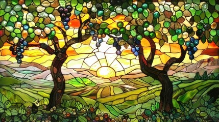 The natural beauty of Italy, sunlight filtering through grapevines, in a stained glass style
