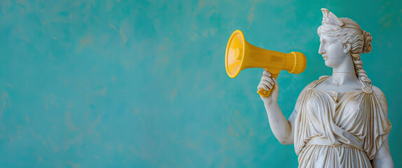 A statue of a woman holding a megaphone. The statue is yellow and white. The woman is making a loud noise, which could be interpreted as a call to action or a call for attention