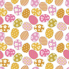 Painted colorful Easter eggs on a white background form a seamless pattern for textiles and wrapping paper. 