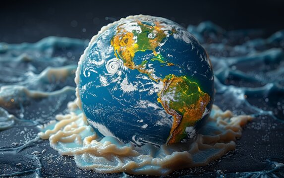 A conceptual image of a melting Earth globe portrays the pressing issue of global warming and environmental decline