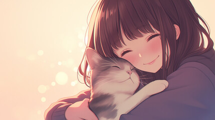 Garota fofa abraçando seu gato - Ilustração