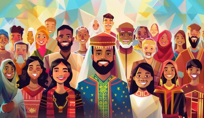 A diverse group of people from different cultures and backgrounds, all smiling in unity colorful with an abstract background that reflects the diversity among human beings Generative AI - obrazy, fototapety, plakaty