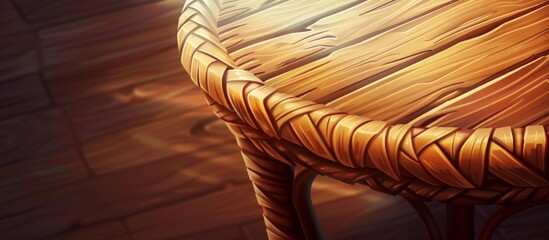 Wicker table featured up close exhibiting its wooden top surface - obrazy, fototapety, plakaty