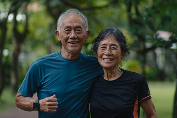  An old Asian couple posing together wearing sports apparel