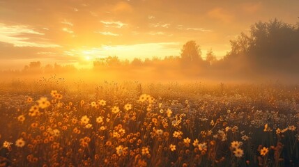 Dewy and foggy field in the morning or evening mist
 - obrazy, fototapety, plakaty