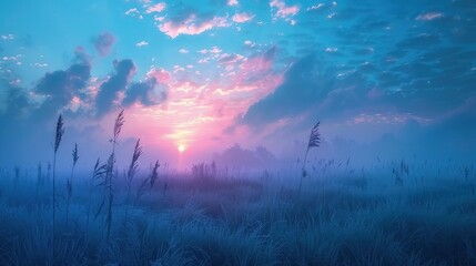 Dewy and foggy field in the morning or evening mist
 - obrazy, fototapety, plakaty