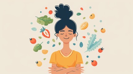 Woman Eating Healthy, Sleeping and Exercising Vector Illustration. Cheerful girl being well fed and rested following health routine 
