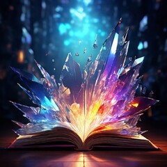 A precious crystal sticking out of a book on a dark background. 