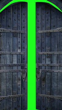 vertical animation - Ancient castle gate with a mysterious green glow on green scren