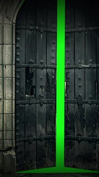 vertical animation - Ancient castle gate with a mysterious green glow on green scren