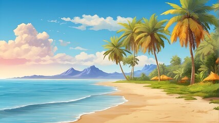 illustration of a summertime beach scene background vacation with palm trees, tropical leisure, hot sand picture in paradise during the summer