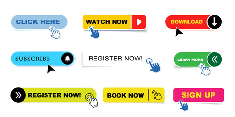 Read More, learn more, buy now, download, watch now, book more colorful button set. UI UX website button 