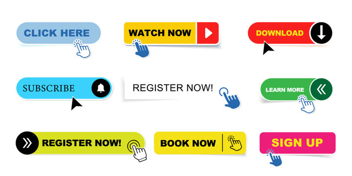 Read More, learn more, buy now, download, watch now, book more colorful button set. UI UX website button 