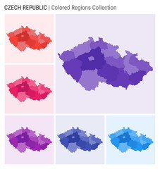 Czech Republic map collection. Country shape with colored regions. Deep Purple, Red, Pink, Purple, Indigo, Blue color palettes. Border of Czech Republic with provinces for your infographic.