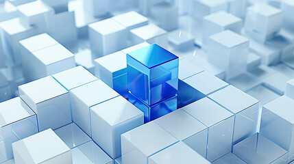 A blue cube is placed on top of a white cube - obrazy, fototapety, plakaty